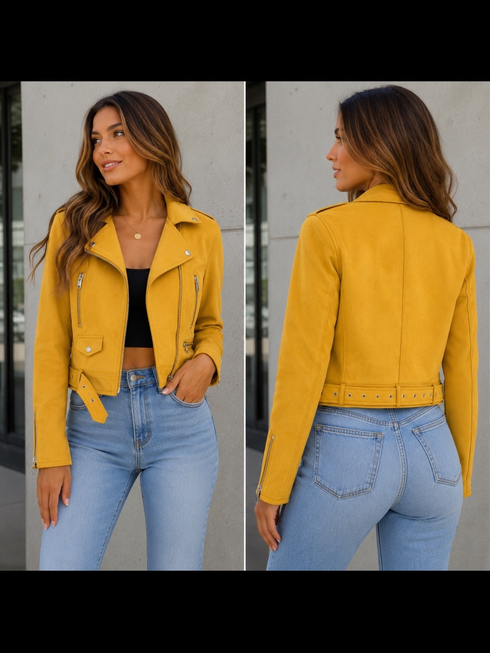 ZARA Yellow Faux Suede Moto Jacket - Women's Fashionable Biker Coat